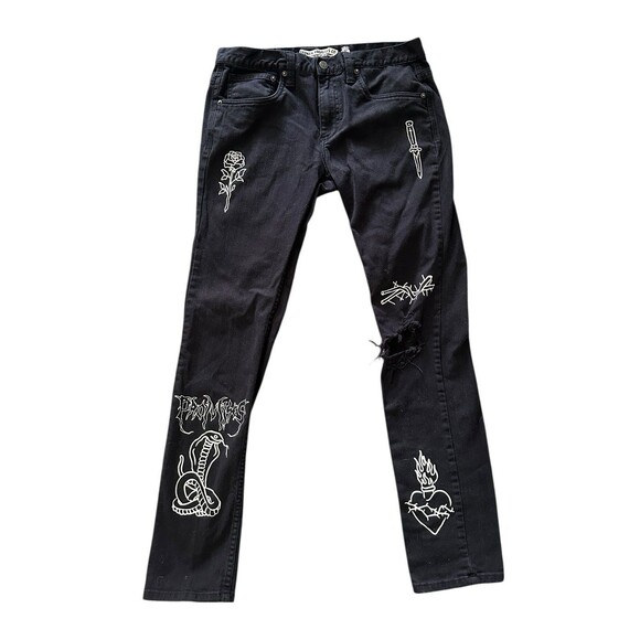 Broken Promises Unfortunate Mens Ultra Slim Stretch Black Torn Rose Jeans 33 - Picture 1 of 12